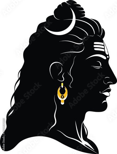 "Black and White Lord Shiva Profile Silhouette Illustration with Crescent Moon, Sacred Ash Stripes, Topknot, and Golden Earring for Hindu Spiritual Art, Cultural Symbolism, and Religious Iconography P