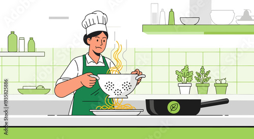 Chef Draining Pasta in a Modern Kitchen Setting.