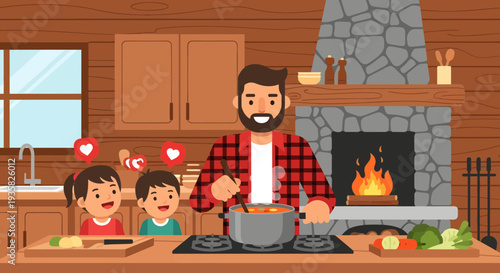 Father and children cooking together in a cozy kitchen.