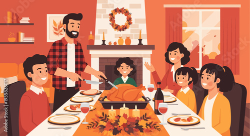 Family Gathering Around Thanksgiving Dinner Table.