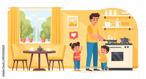 Father cooking with children in kitchen.