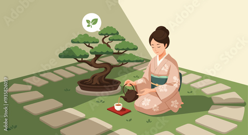 Japanese Woman in Kimono Performing Tea Ceremony with Bonsai Tree.