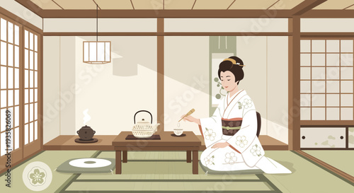 Japanese Woman in Traditional Kimono Performing Tea Ceremony.