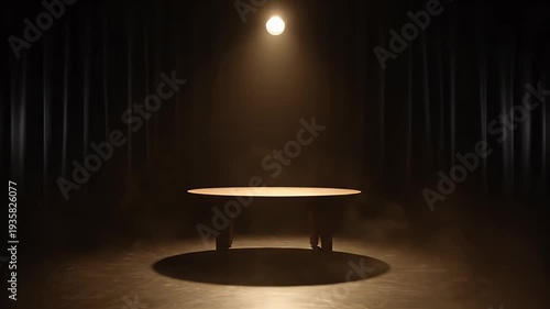 Mysterious Stage Illuminated by Spotlight with Smoke and Shadows.