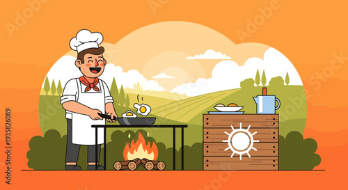 Happy Chef Cooking Outdoors Over Open Fire.