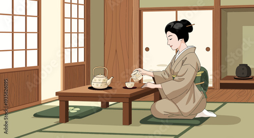 Japanese woman in traditional kimono serving tea.