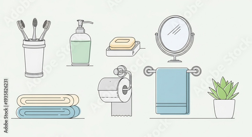 Collection of bathroom essentials and accessories for hygiene and comfort.