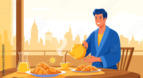 Man in Robe Pouring Tea at Breakfast Table.