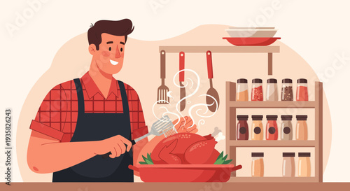 Man proudly presents a perfectly roasted turkey dinner.