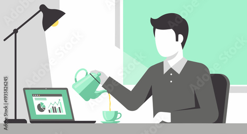 Man pouring tea at desk with laptop.