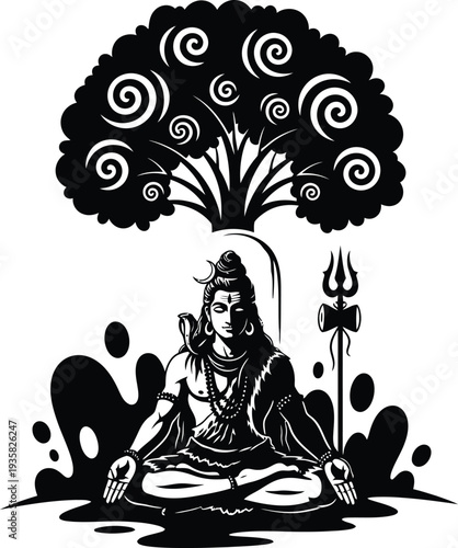 "Black and White Lord Shiva Meditative Silhouette Illustration Beneath Tree with Trident, Crescent Moon, Snake, and Mystical Patterns for Hindu Spiritual Art, Cultural Symbolism, and Religious Iconogr