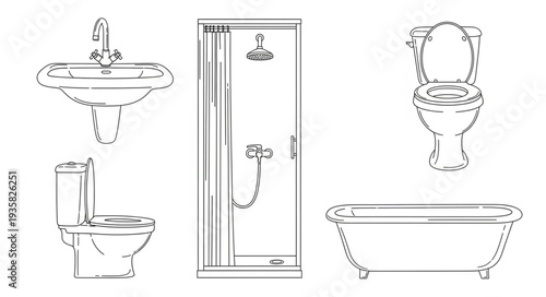 Collection of bathroom fixtures in a line drawing style.