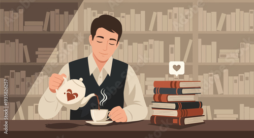 Man pouring tea from teapot into cup beside books.