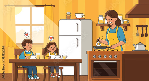 Mother cooking for happy children at kitchen table.