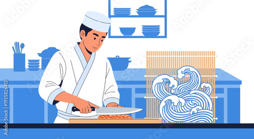 Skilled chef preparing sushi with precision and care.