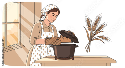 Woman Baking Fresh Bread in a Rustic Kitchen Setting.