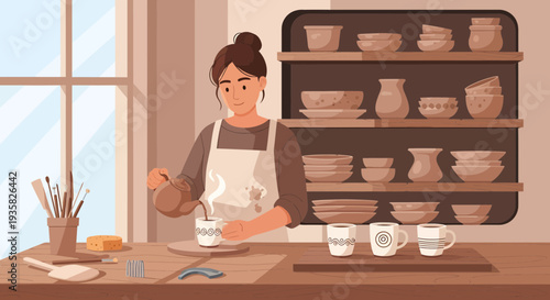 Woman artist creating pottery on a wheel.