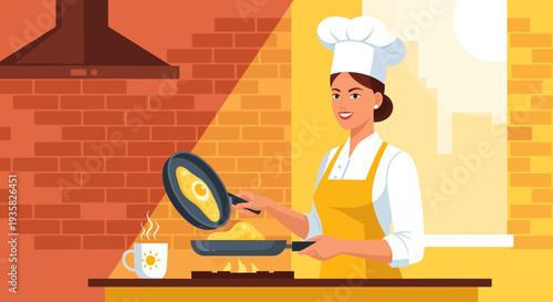 Woman chef cooking omelette in a professional kitchen.