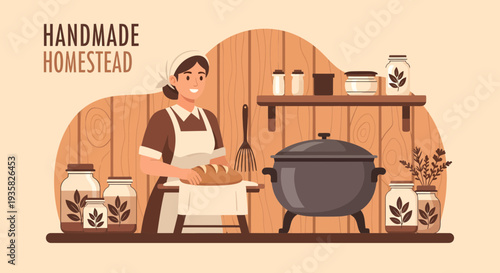 Woman baking bread in a rustic kitchen setting.