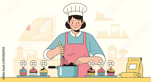 Woman chef preparing cupcakes with focused expression.