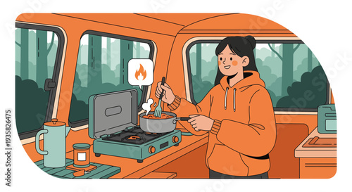 Woman cooking food in a camper van during a trip.