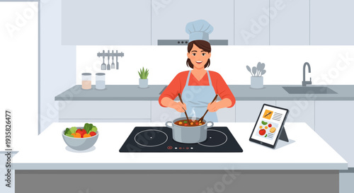 Woman Cooking Delicious Meal Following Recipe on Tablet.