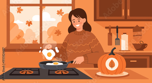 Woman cooking fried eggs in a kitchen during autumn.