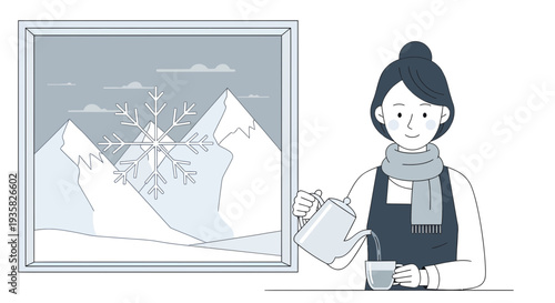 Woman pouring hot beverage in cozy winter scene.