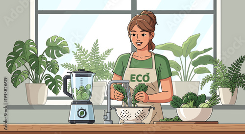 Woman preparing healthy green smoothie in eco friendly kitchen.