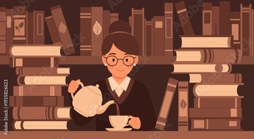 Woman pouring tea in a library setting.
