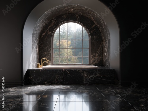 Dark marble arch frames a window. Light filters through autumn leaves. Bathtub rests beneath the window. Reflective floor mirrors the scene. Subdued tones evoke luxury and calm