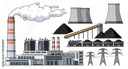 Coal power plant industrial complex with smoke stacks and cooling towers.
