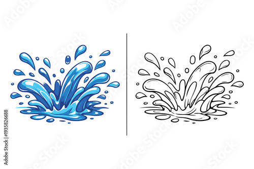 Illustrations of water splashes in contrasting artistic styles