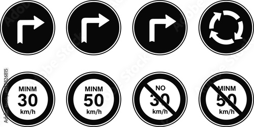 Traffic signs illustration, road safety icons, speed limit symbols, directional arrows design, roundabout graphic, prohibition signs, driving regulation art, transport signage