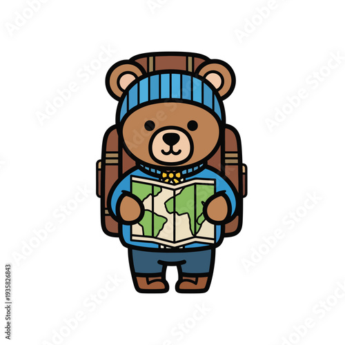 Cartoon bear with backpack and map standing in a travel-ready pose