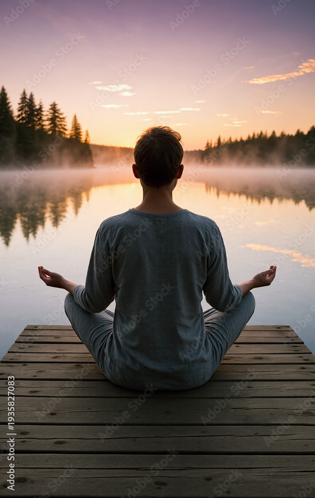 Fototapeta premium Rear view male meditating in lotus pose on a wooden dock by the lake at sunrise. The misty pond reflects the vibrant sky and pine trees silhouettes, creating a tranquil scene of peace and mindfulness