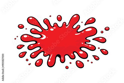 A vibrant red paint splatter with dynamic droplets surrounding the main burst