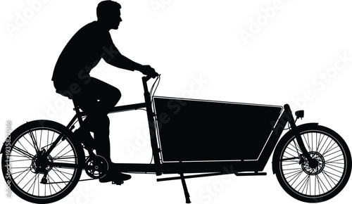 Cargo bicycle silhouette, sustainable transport illustration, urban cycling art, eco-friendly mobility design, black silhouette bike, goods transport, rider graphic