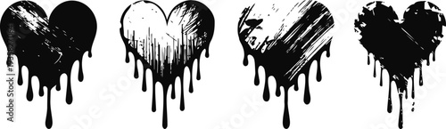 Four black dripping grunge hearts abstract paint splatter, dripping ink design dark love and artistic effect