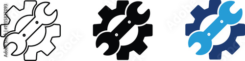 Gear and wrench icon showing technical settings and repair services. Maintenance illustration for hardware configuration, mechanical engineering, system optimization, and professional tool services.