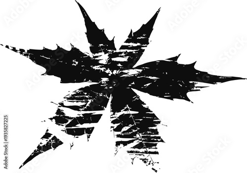 Distressed black maple leaf silhouette with textured scratches and grunge effect on white background
