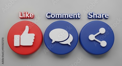 Social media icons with like comment and share buttons isolated on gray background