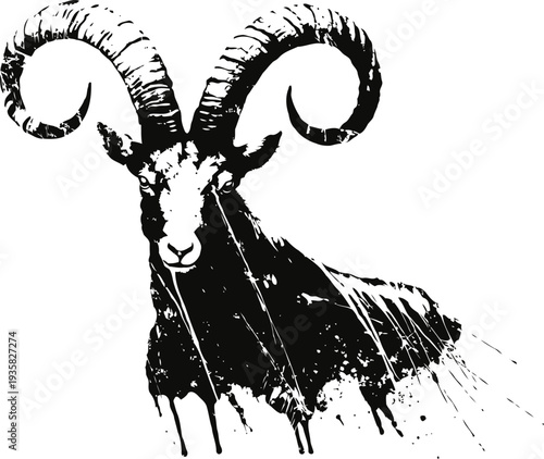 Black ink illustration of a mountain goat with large curved horns and dripping paint effect