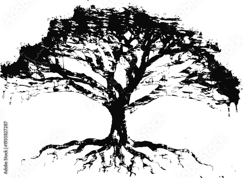 black ink tree silhouette with detailed branches and exposed roots on white background