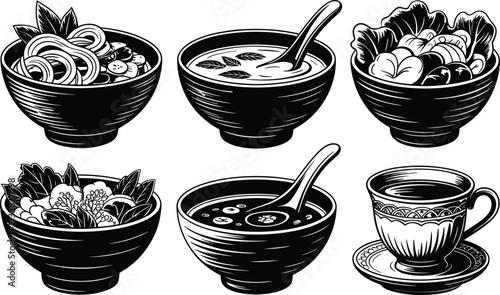 Collage of Black and White Food Bowls and Cup Illustrations