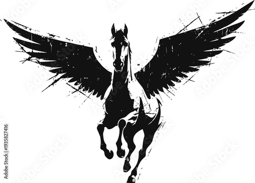 black silhouette of flying pegasus with outstretched wings mythical winged horse in dynamic pose on white background