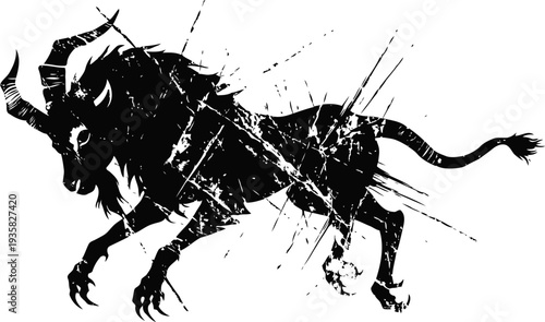 Dynamic black silhouette of a charging bull with abstract paint splashes and scratches