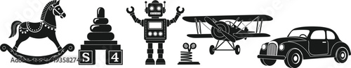 Vintage toys set silhouette, rocking horse, stacking rings, robot toy, retro airplane, classic car, children play icons, nursery decor, vector illustration, isolated.