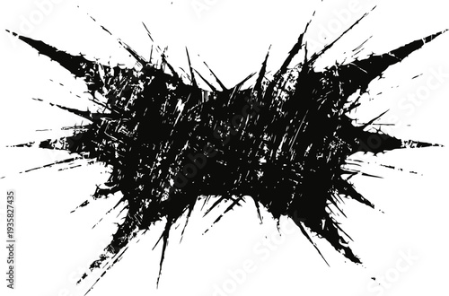 Abstract black grunge splatter with sharp spikes and rough texture on white background