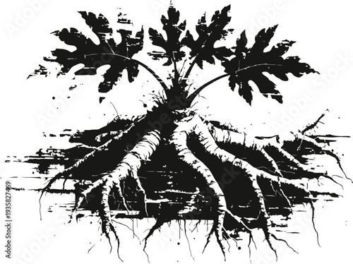 Vintage botanical illustration of a growing carrot plant with leaves and visible root system under soil